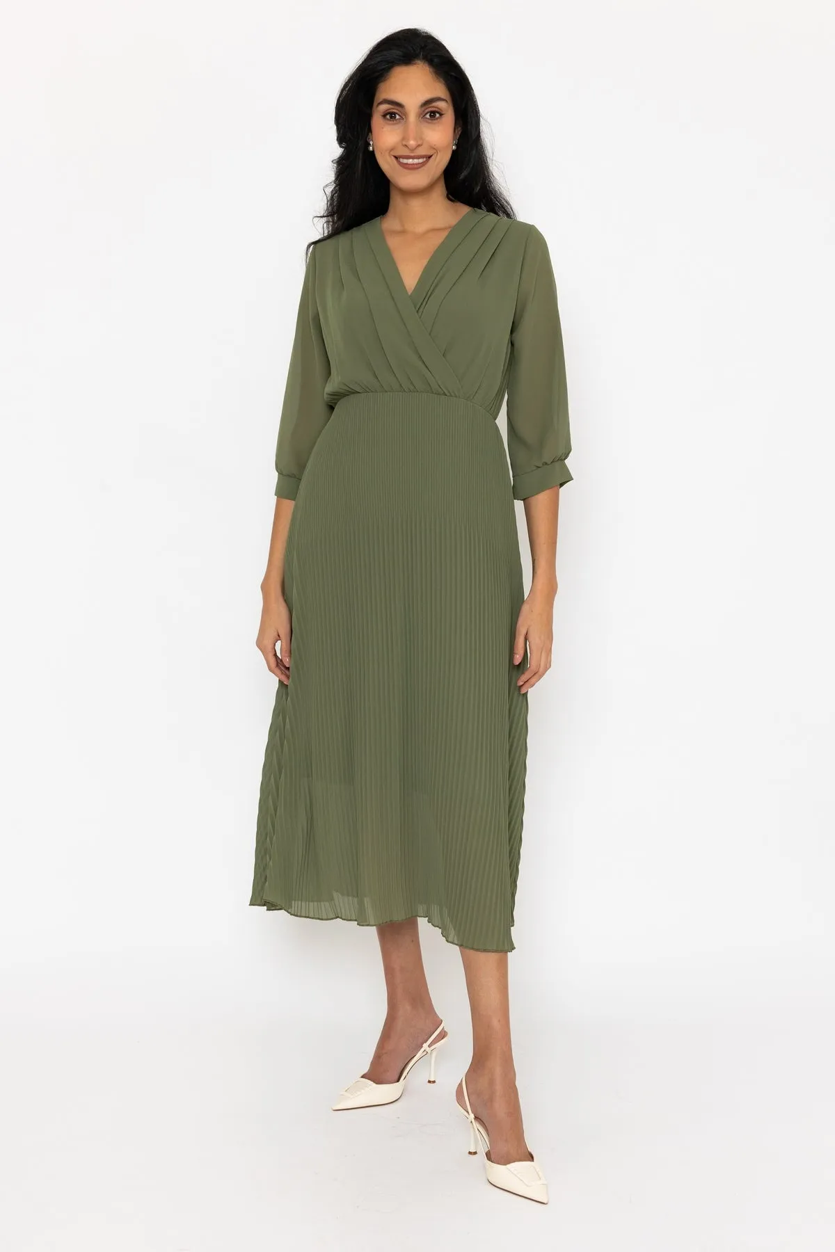 3/4 Length Sleeve Hannah Midi Dress in Khaki