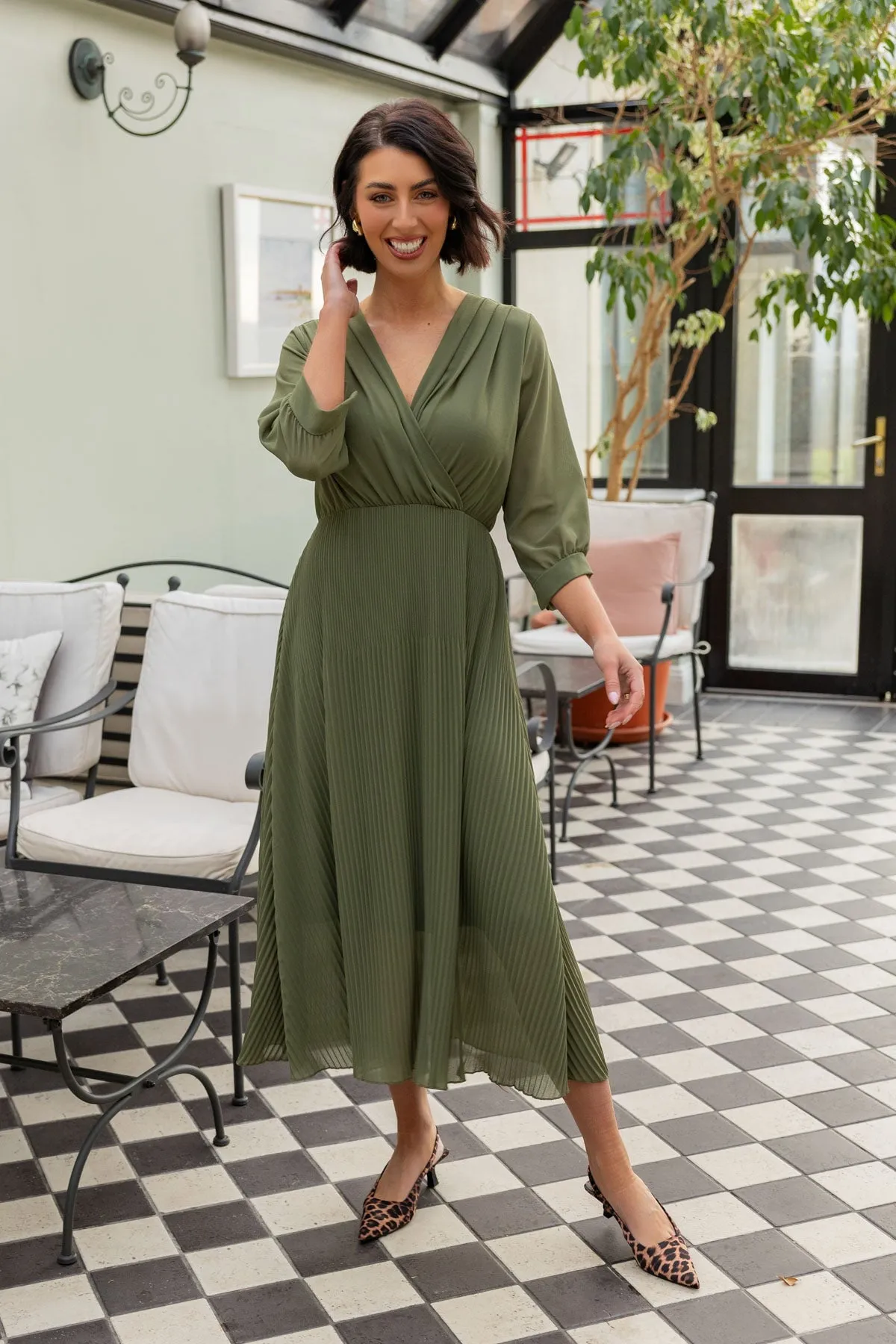 3/4 Length Sleeve Hannah Midi Dress in Khaki
