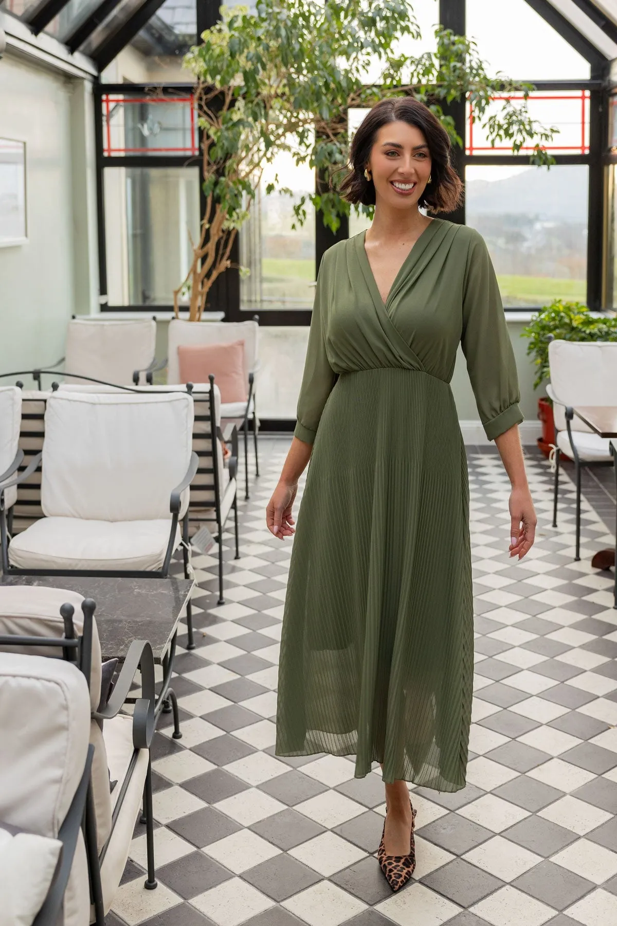 3/4 Length Sleeve Hannah Midi Dress in Khaki