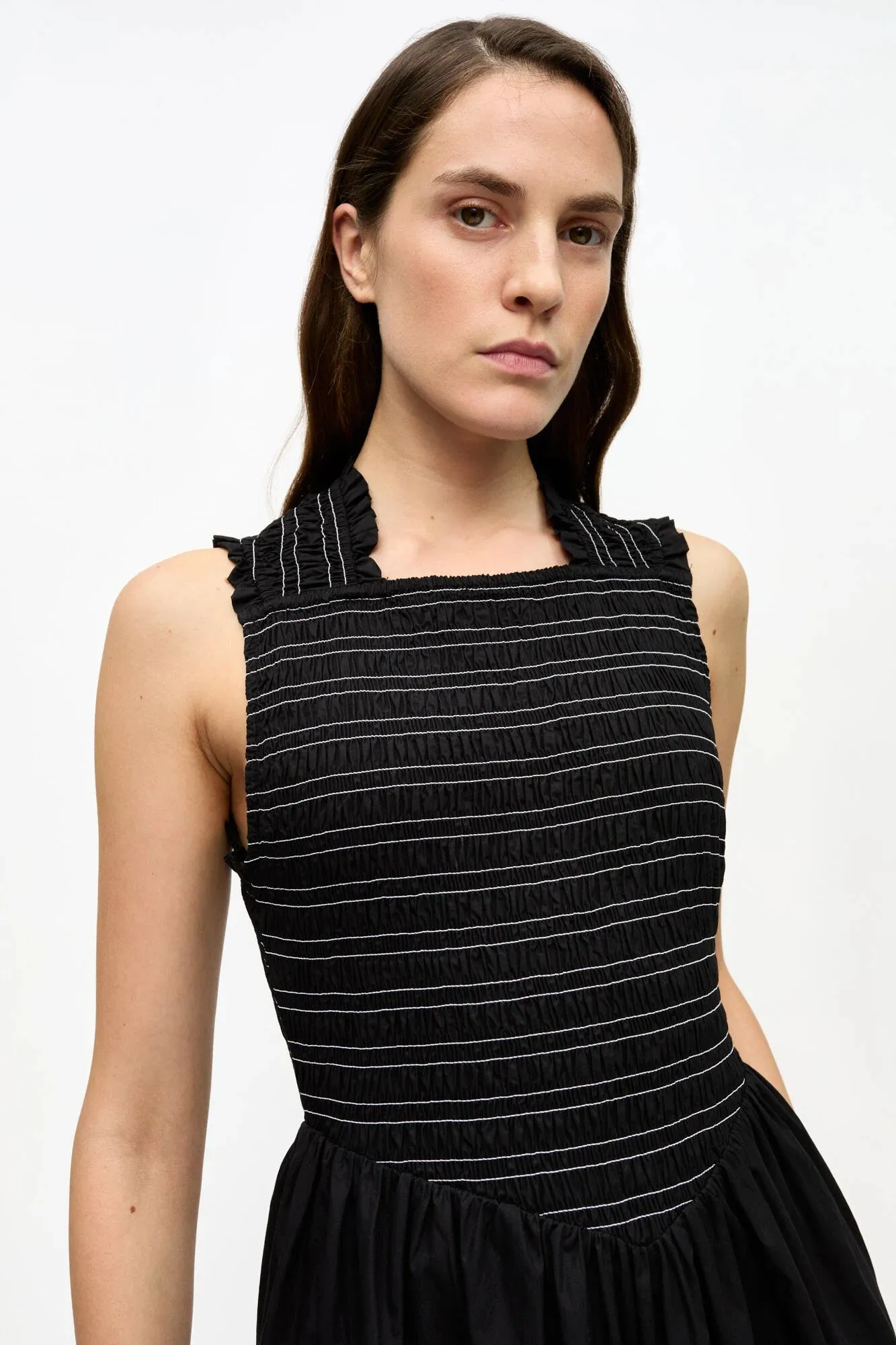 Black Washed Stretch Cotton Smock Midi Dress