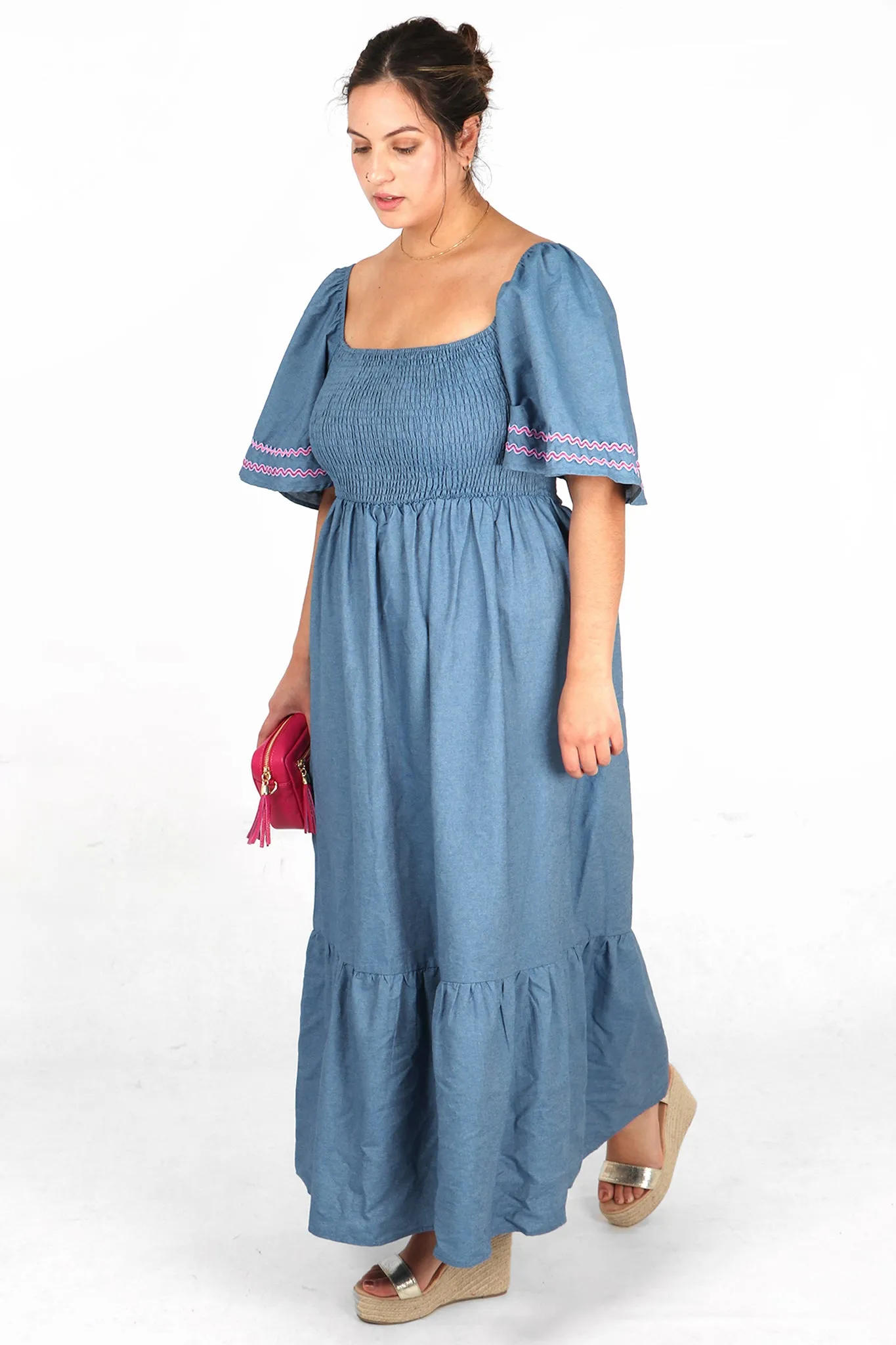 Blue Denim Look Cotton Milkmaid Shirred Maxi Dress with Trimmed Bell Sleeves