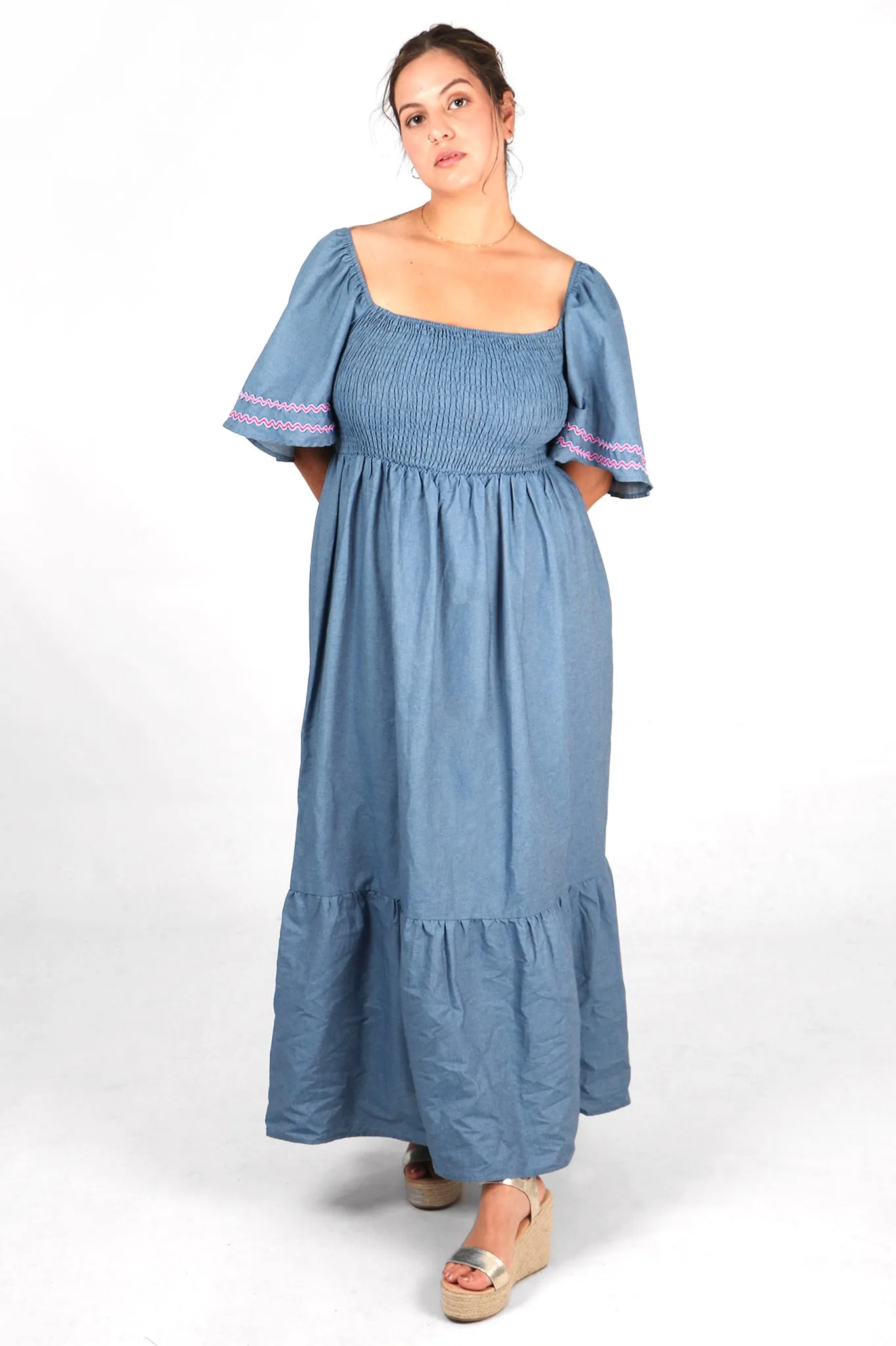 Blue Denim Look Cotton Milkmaid Shirred Maxi Dress with Trimmed Bell Sleeves