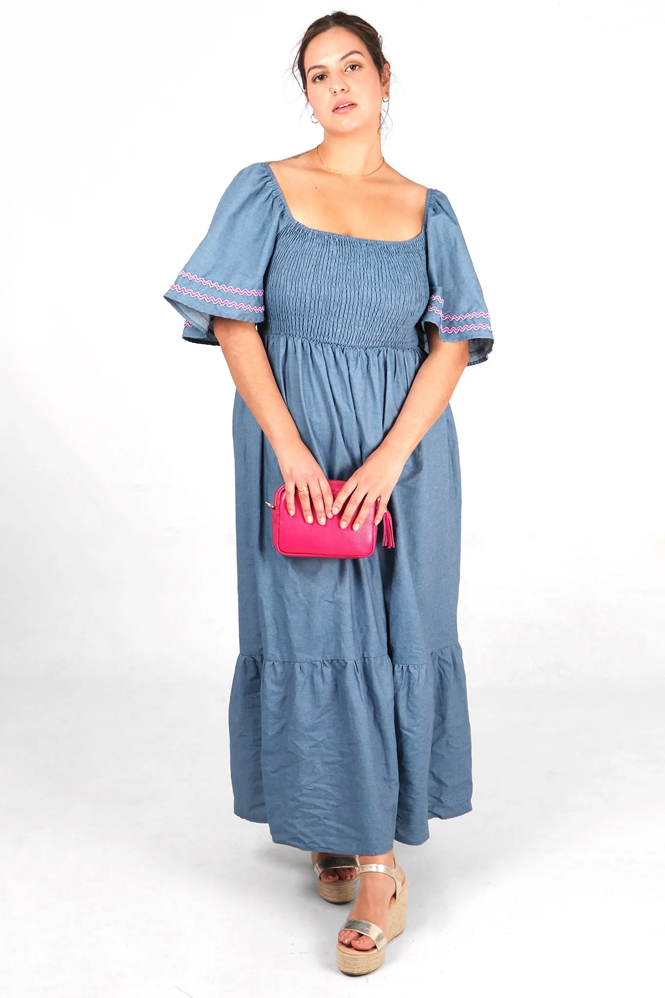Blue Denim Look Cotton Milkmaid Shirred Maxi Dress with Trimmed Bell Sleeves