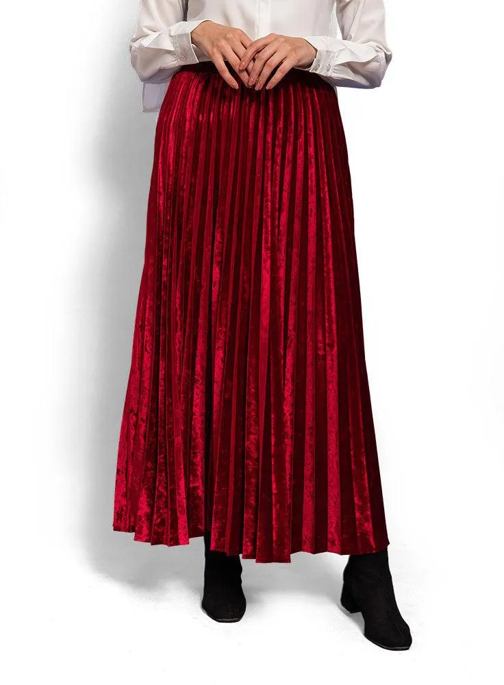 Brick Red Pleated Velvet Skirt