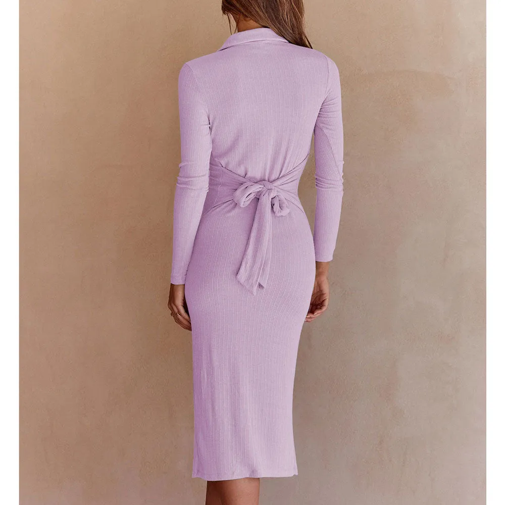 Button Down Split Knit Long Sleeves Midi Dress