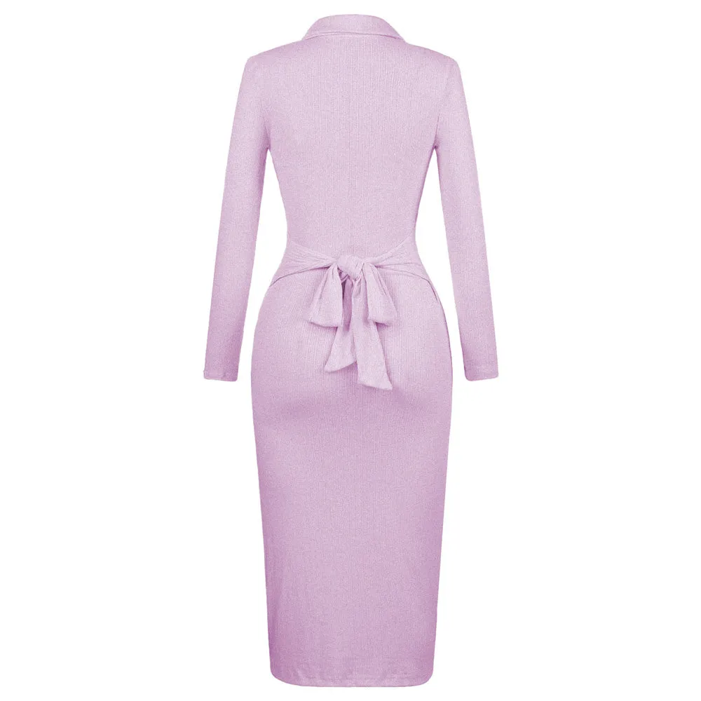 Button Down Split Knit Long Sleeves Midi Dress