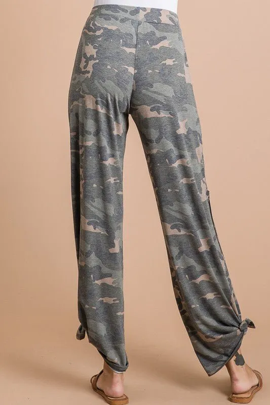 Camo Tied Hem Pants with Side Split