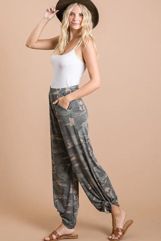 Camo Tied Hem Pants with Side Split