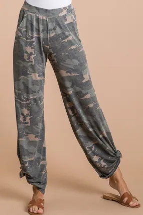 Camo Tied Hem Pants with Side Split