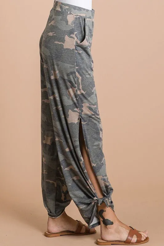 Camo Tied Hem Pants with Side Split