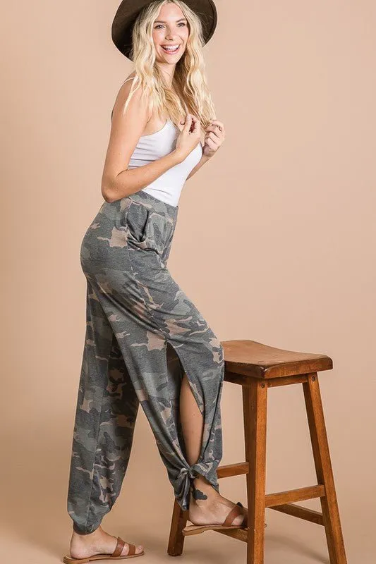 Camo Tied Hem Pants with Side Split