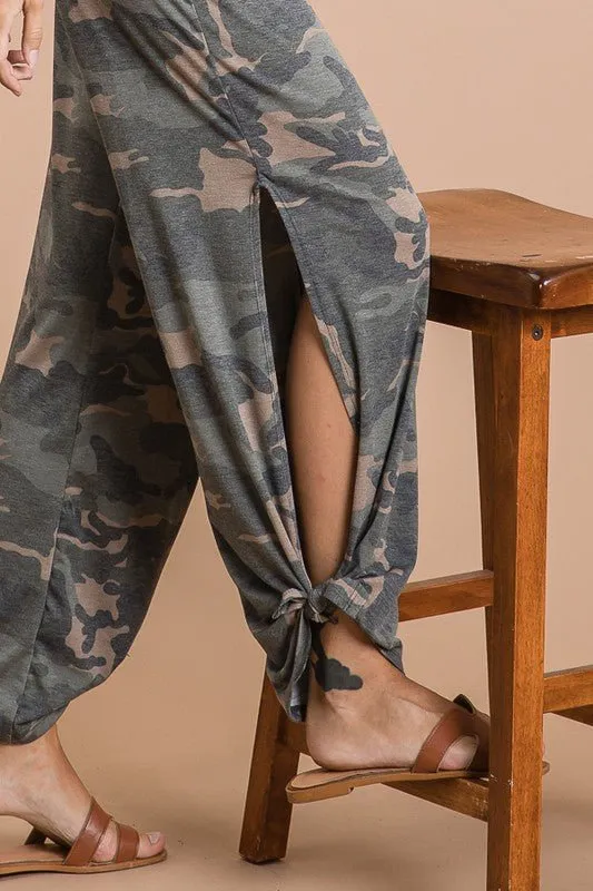 Camo Tied Hem Pants with Side Split