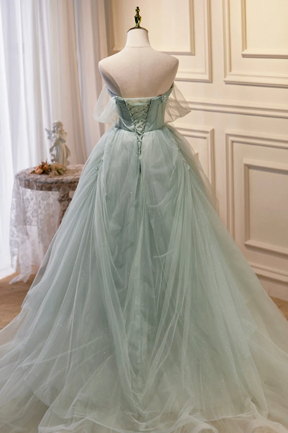 Green Tulle Long A-Line Prom Dress, Off Shoulder Evening Party Dress