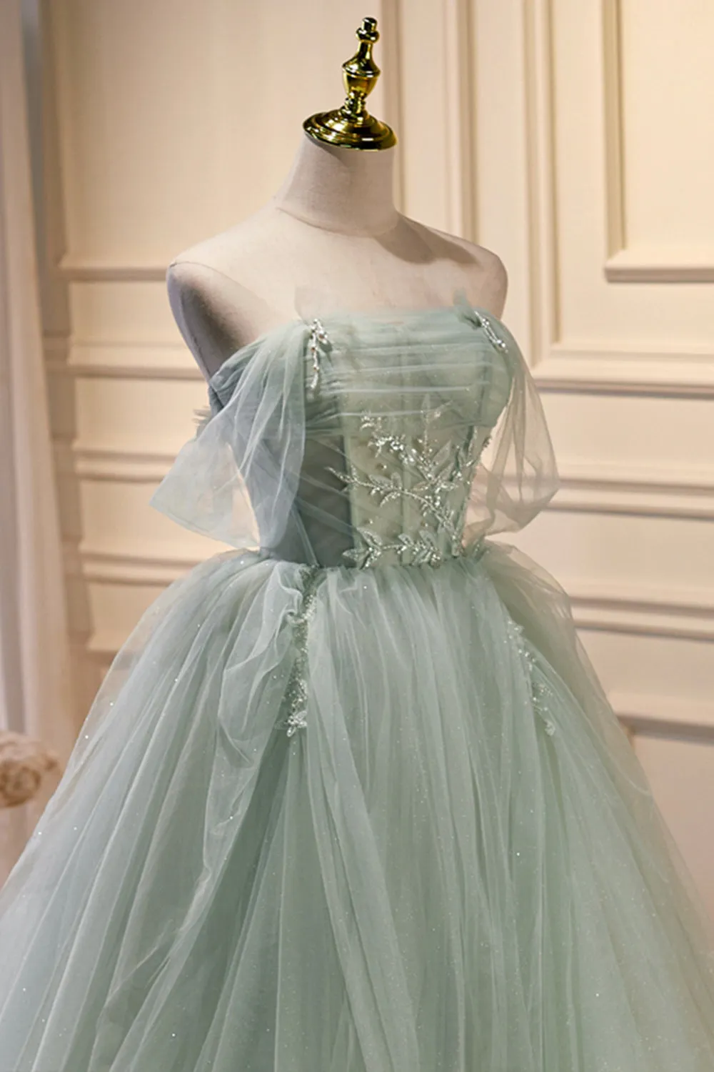 Green Tulle Long A-Line Prom Dress, Off Shoulder Evening Party Dress