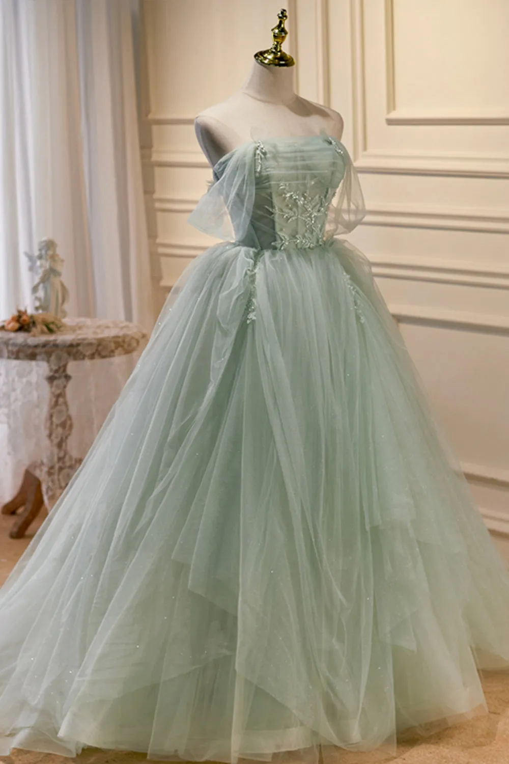Green Tulle Long A-Line Prom Dress, Off Shoulder Evening Party Dress