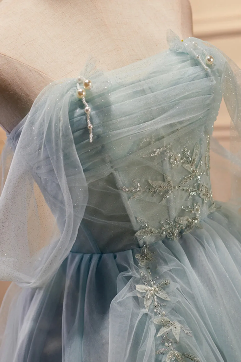 Green Tulle Long A-Line Prom Dress, Off Shoulder Evening Party Dress