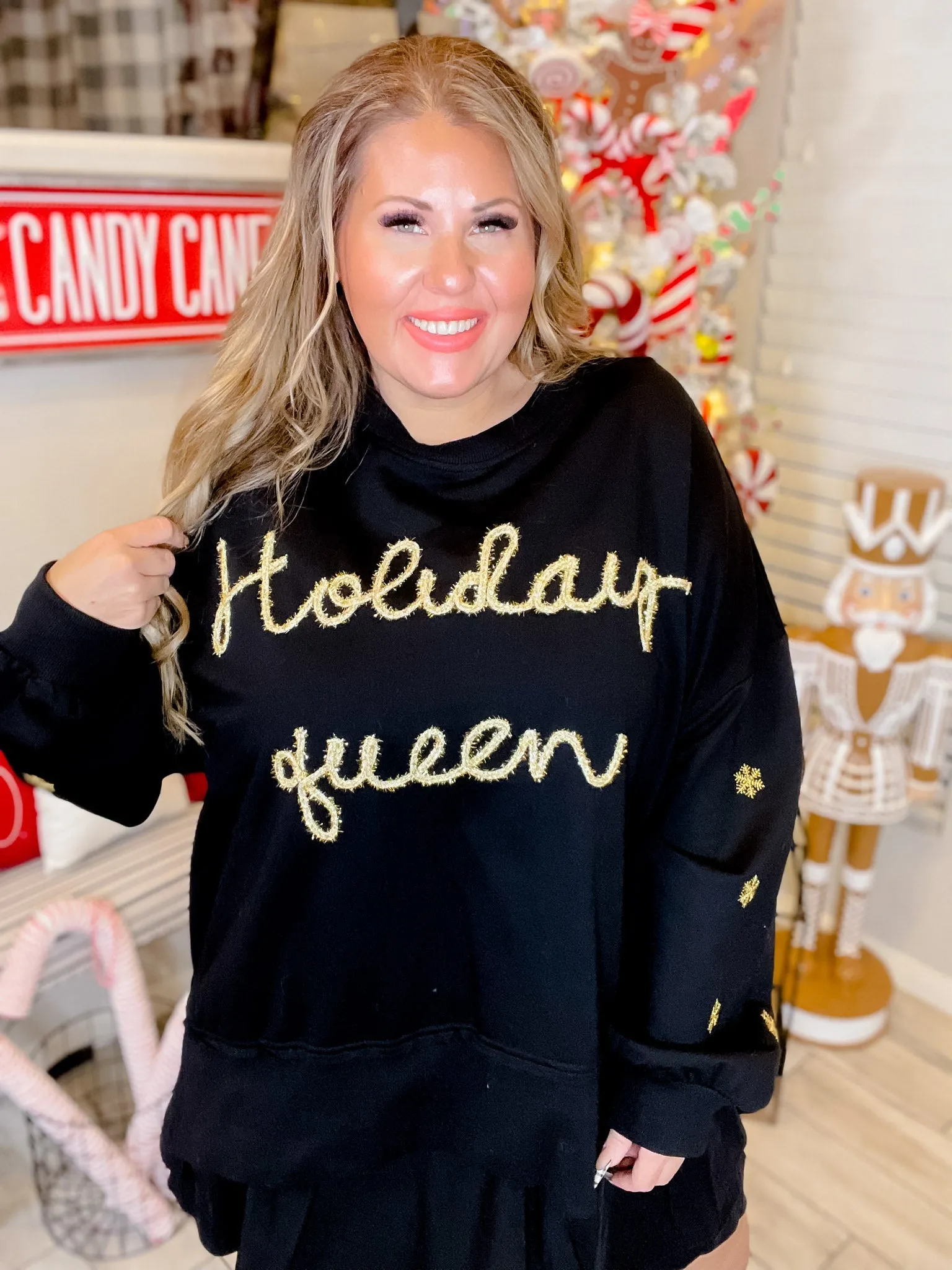 Holiday Queen Black Sweater with Gold Snowflakes FINAL SALE