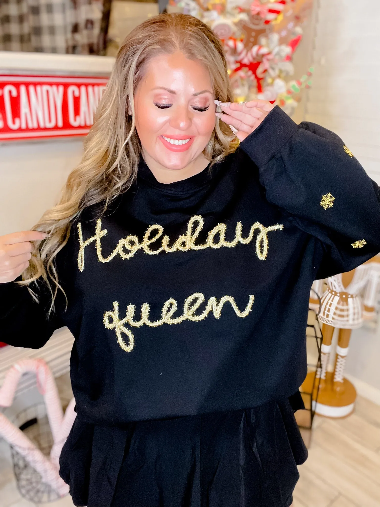 Holiday Queen Black Sweater with Gold Snowflakes FINAL SALE