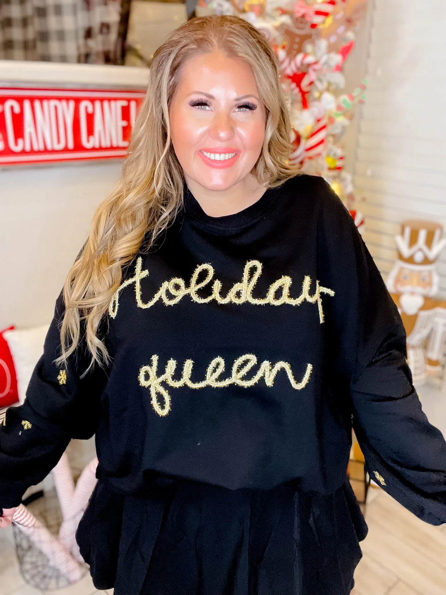 Holiday Queen Black Sweater with Gold Snowflakes FINAL SALE