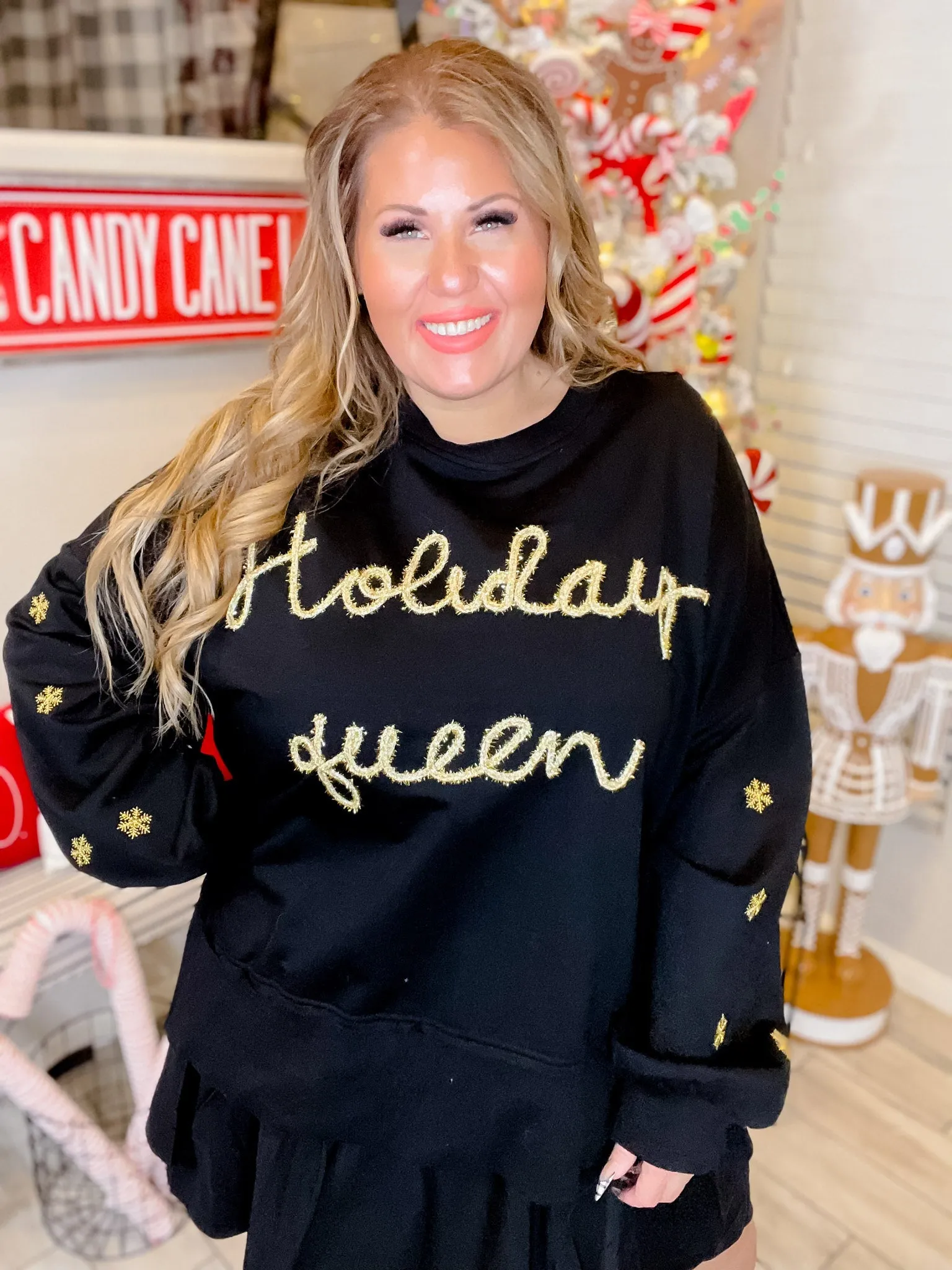 Holiday Queen Black Sweater with Gold Snowflakes FINAL SALE