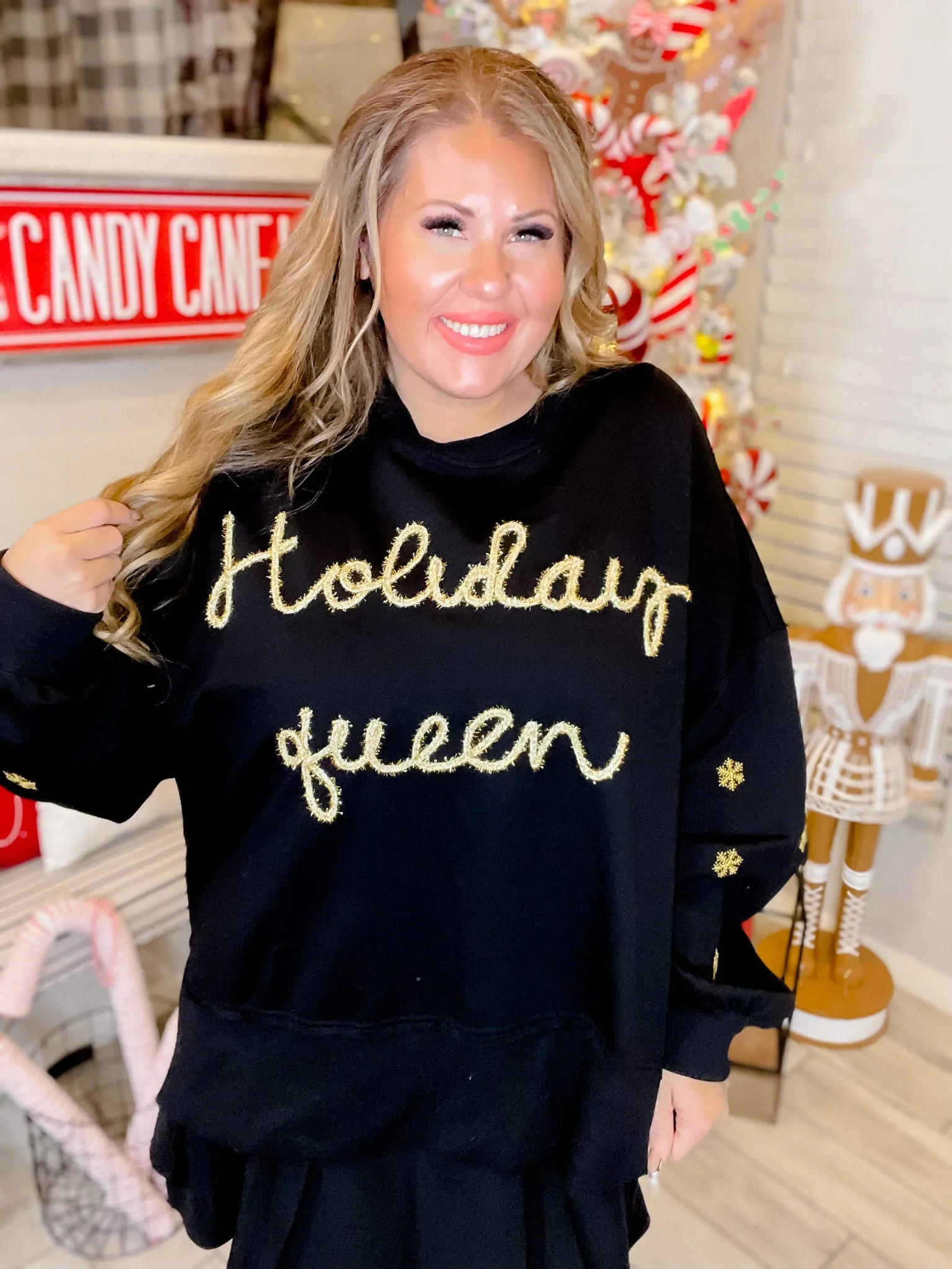 Holiday Queen Black Sweater with Gold Snowflakes FINAL SALE