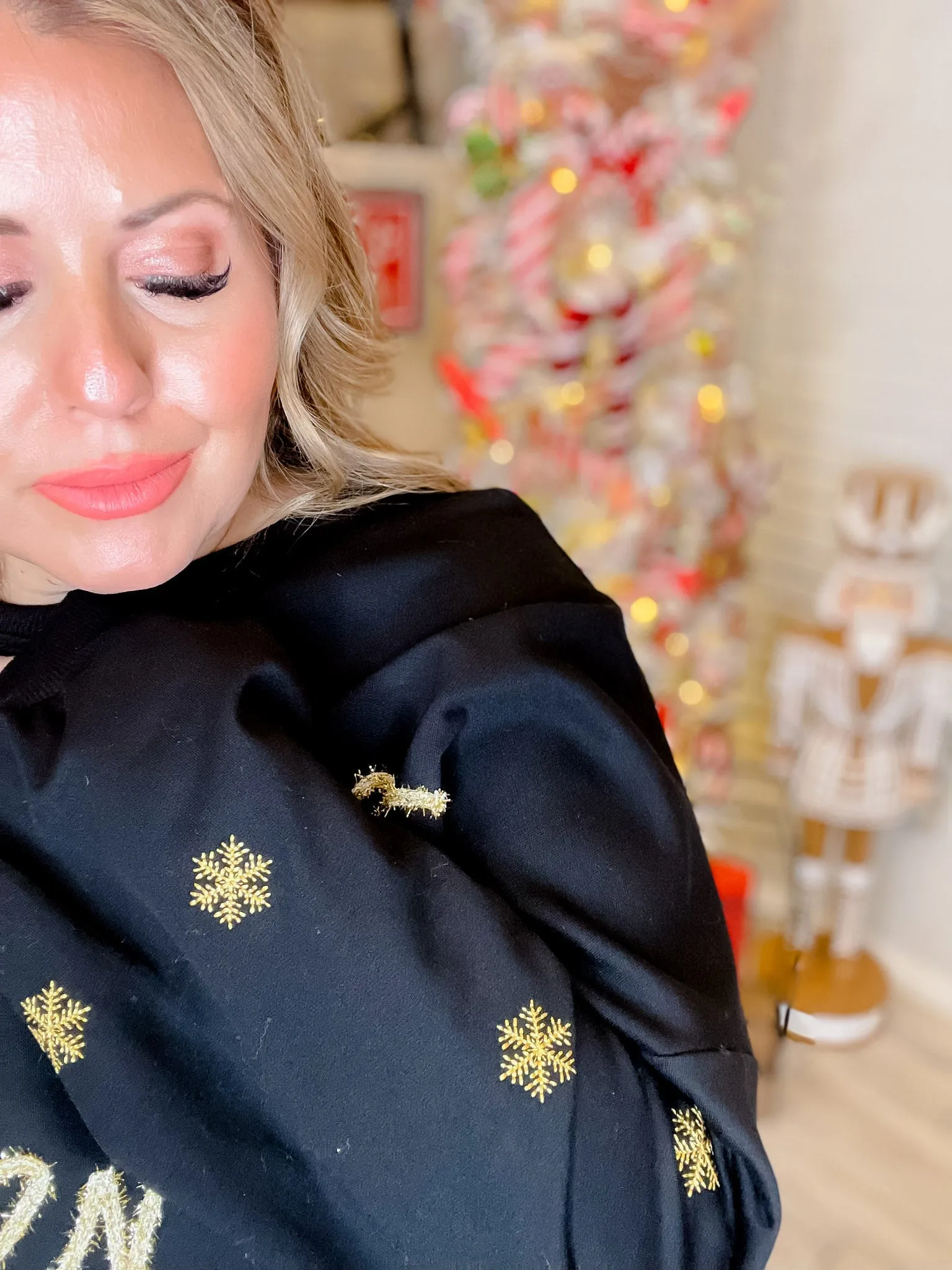 Holiday Queen Black Sweater with Gold Snowflakes FINAL SALE