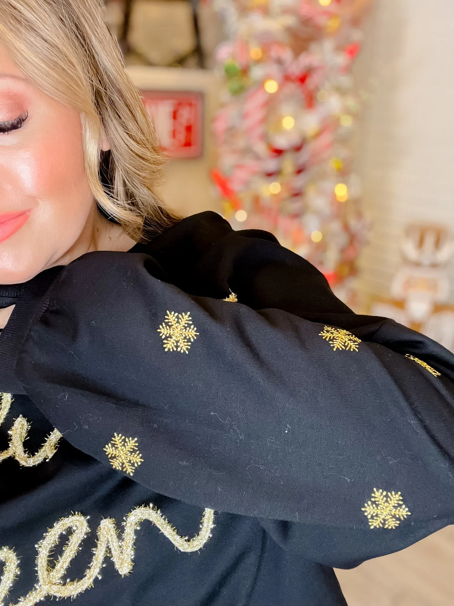 Holiday Queen Black Sweater with Gold Snowflakes FINAL SALE