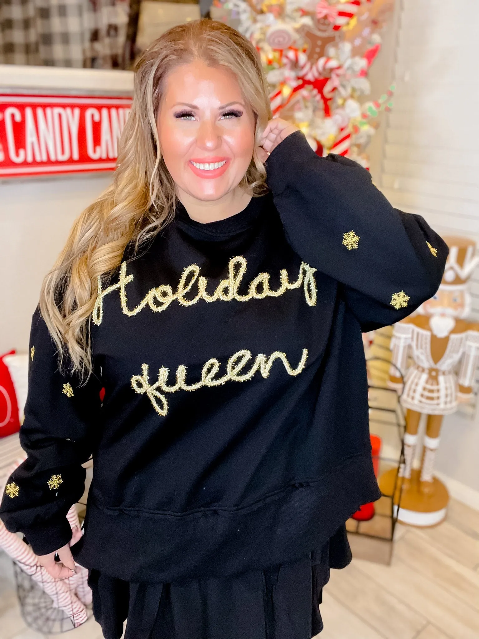 Holiday Queen Black Sweater with Gold Snowflakes FINAL SALE