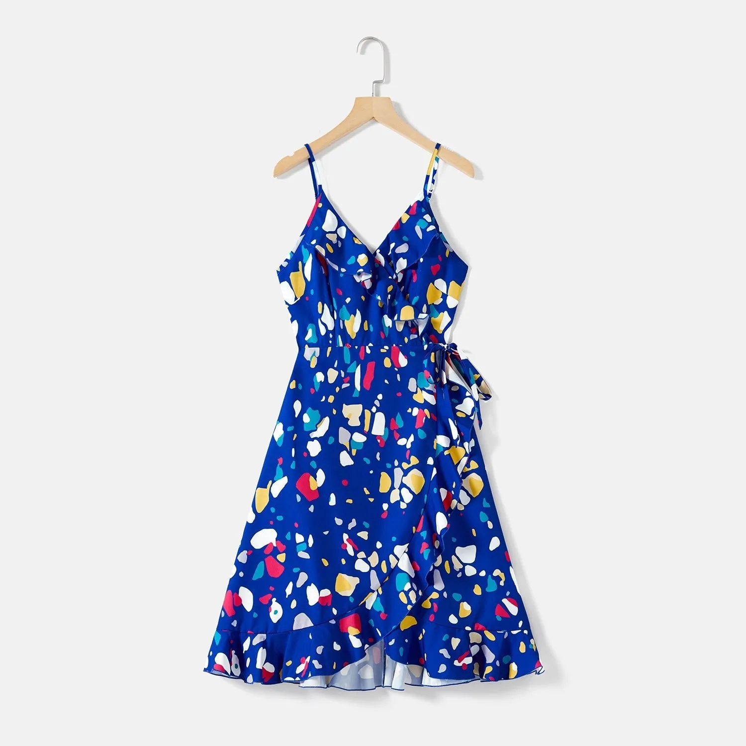 Mommy and Me Allover Geo Print Wrap Knot Side Ruffle Slip Dresses