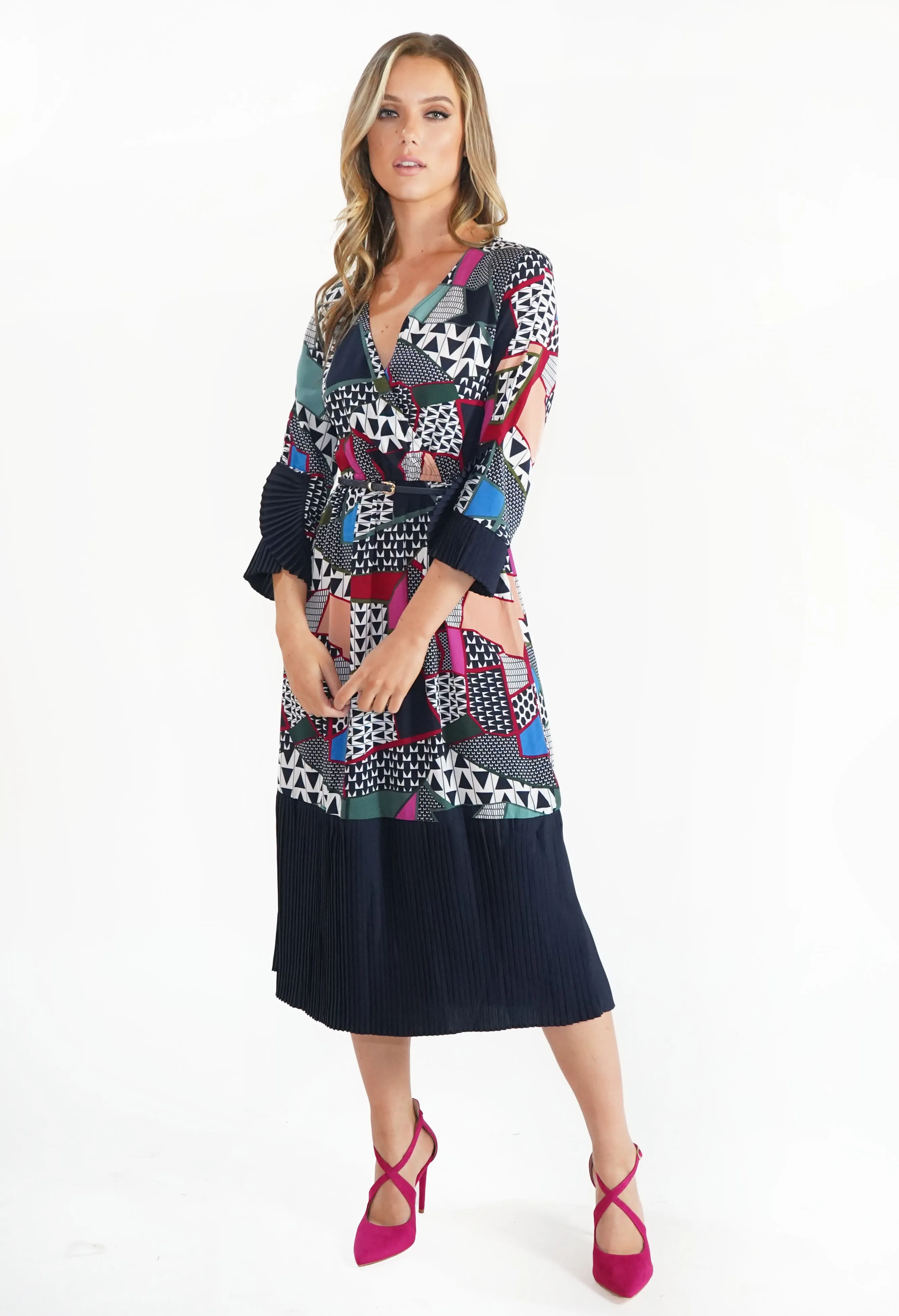 Multi Coloured Cross Over Patterned Dress with Pleated Detail