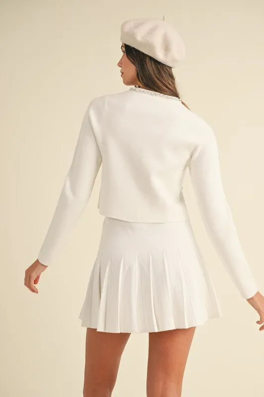 NEWEST ARRIVAL White Pearl Cardigan Pleated Skirt Set