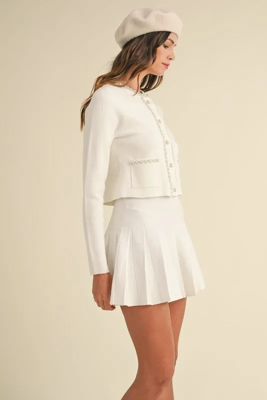 NEWEST ARRIVAL White Pearl Cardigan Pleated Skirt Set