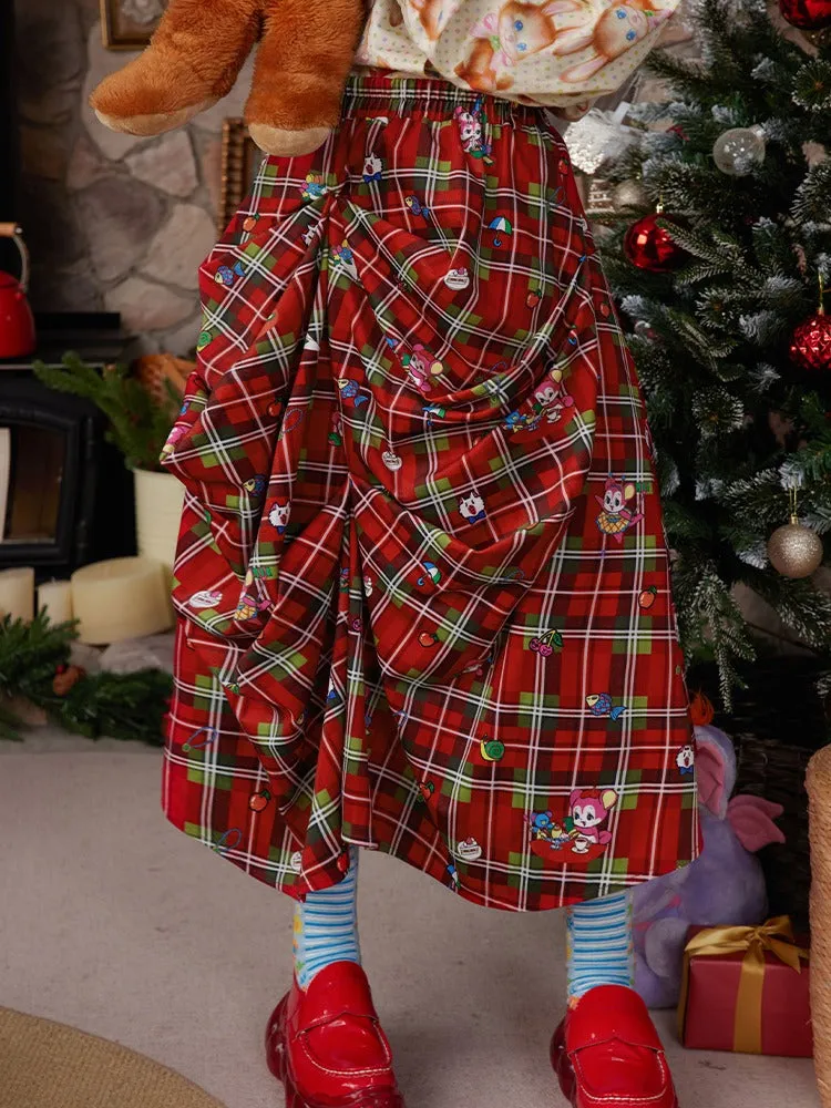 Plaid Pleated MIni Skirt & Irregular Drape Skirt