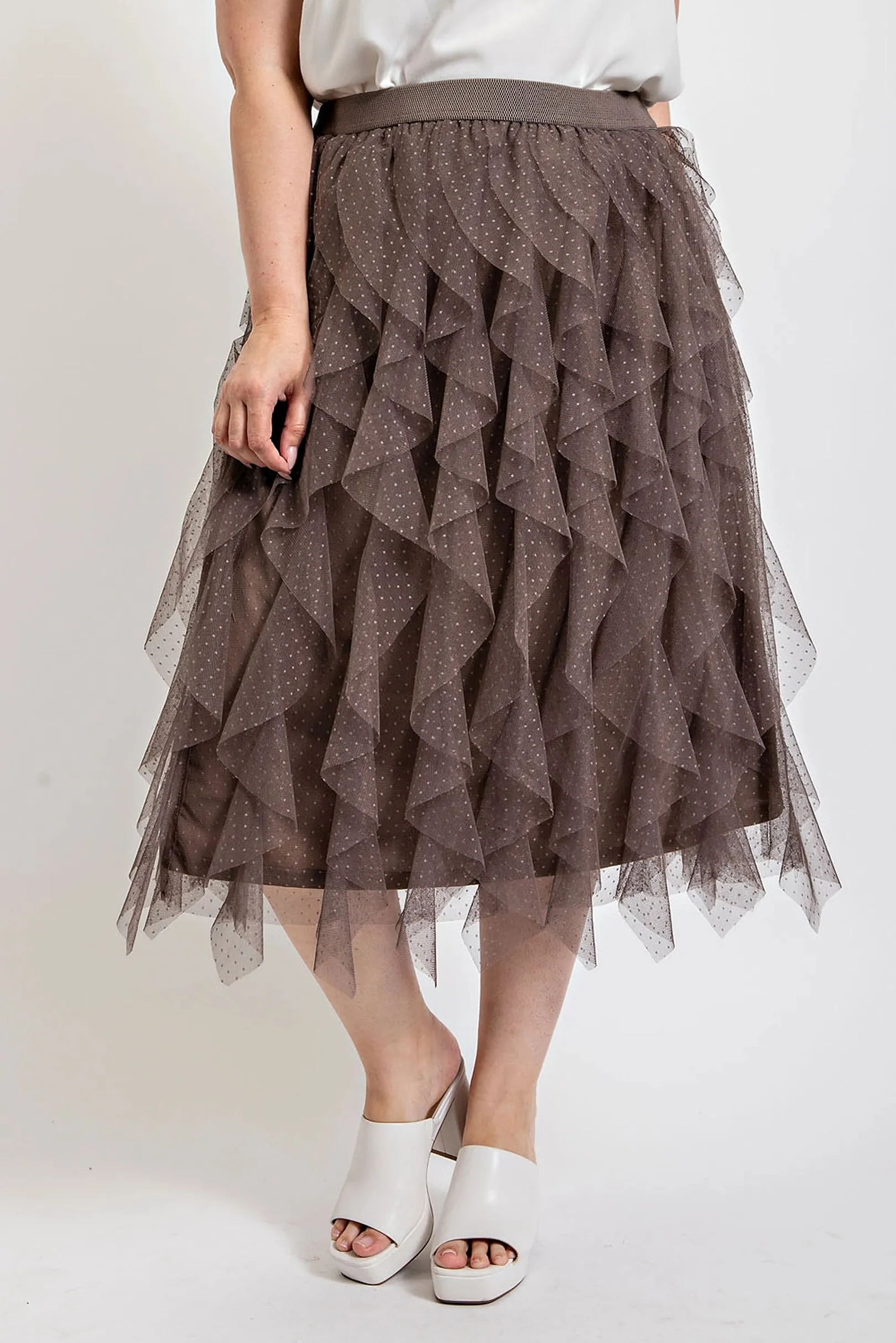 Ruffled Tulle Midi Skirt With Elastic Waist Band (Plus Size)