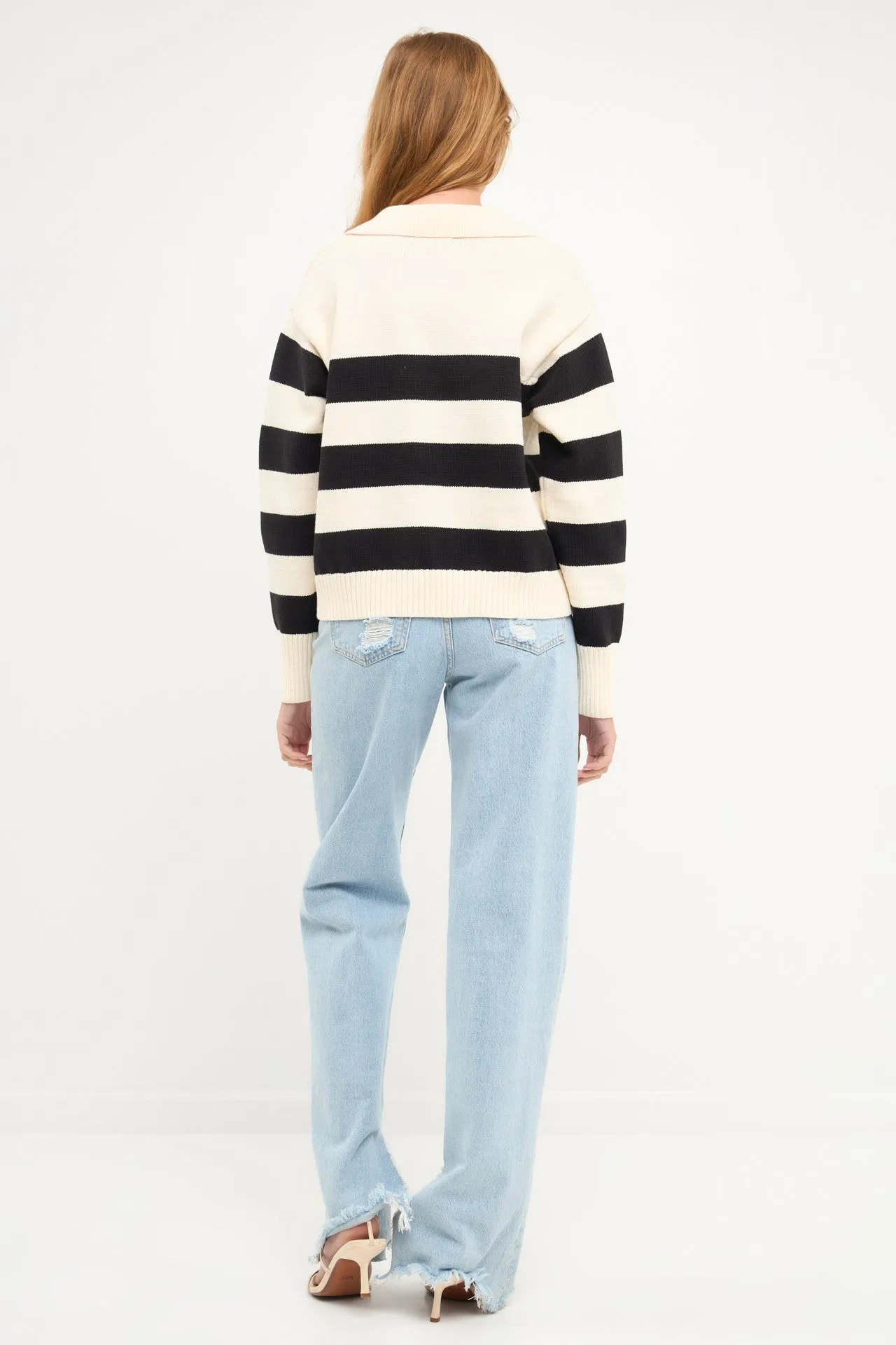 Stripe V-neckline with Collar Sweater