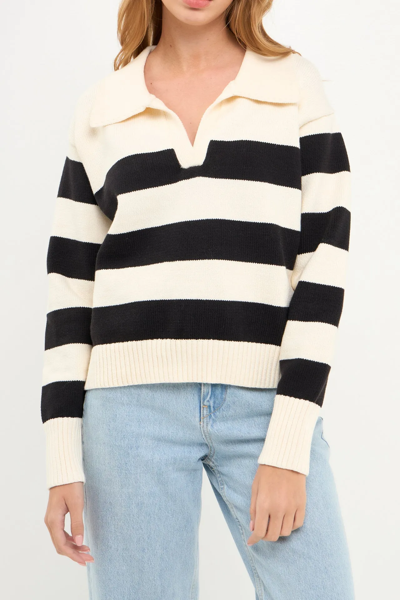 Stripe V-neckline with Collar Sweater