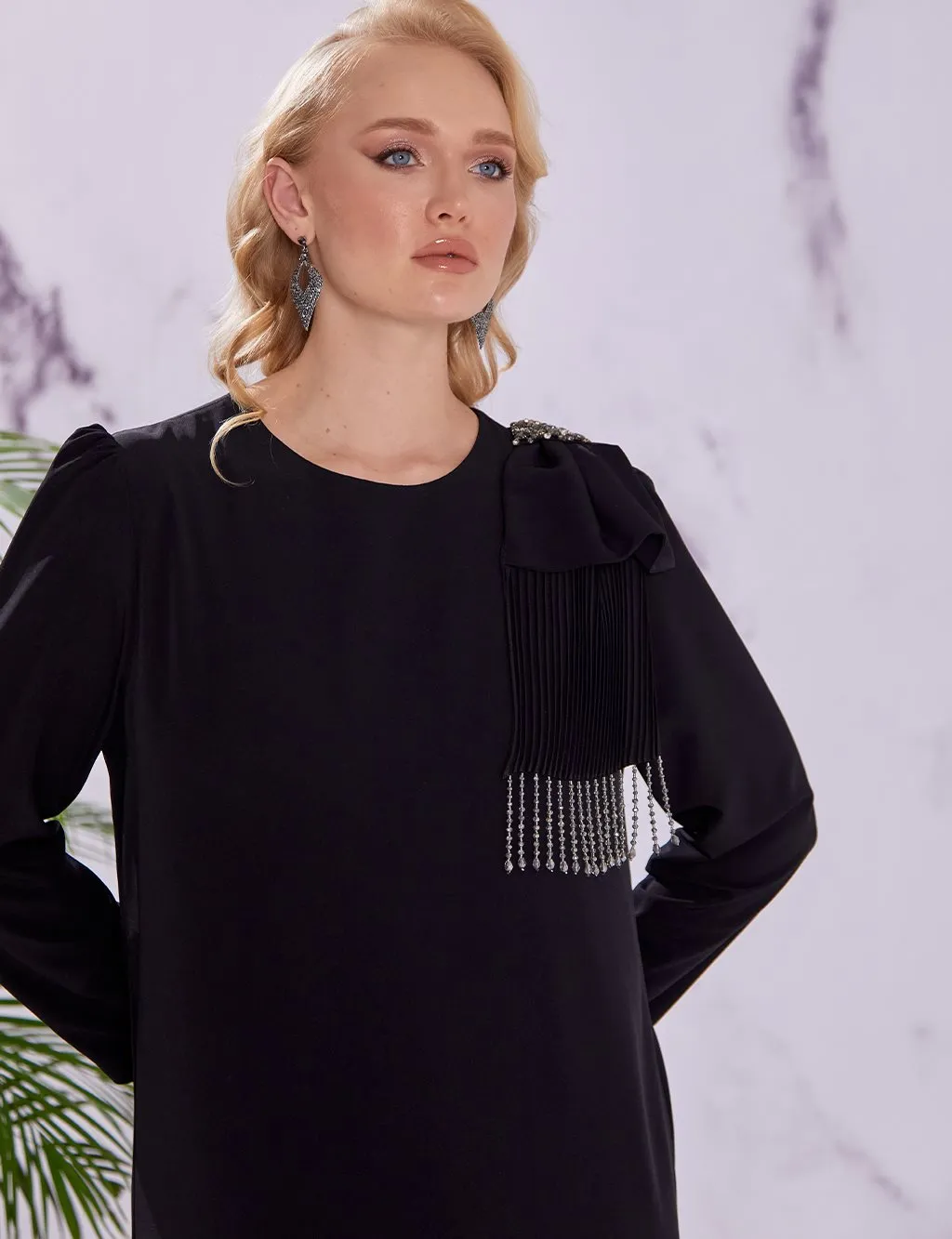 Stylish Dress with Bead Tassels Black