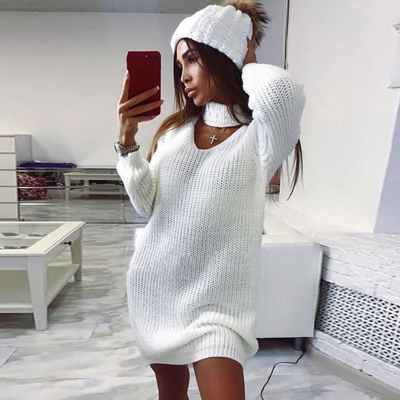 Turtleneck Beads Hollow Out Women Pullover Oversized Sweater Dress