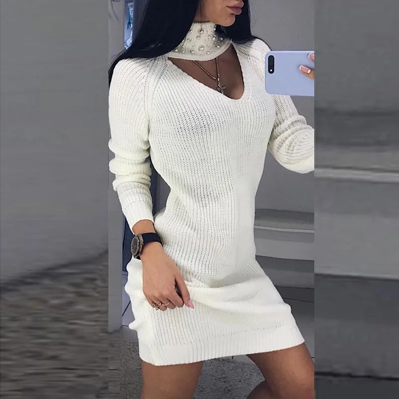 Turtleneck Beads Hollow Out Women Pullover Oversized Sweater Dress