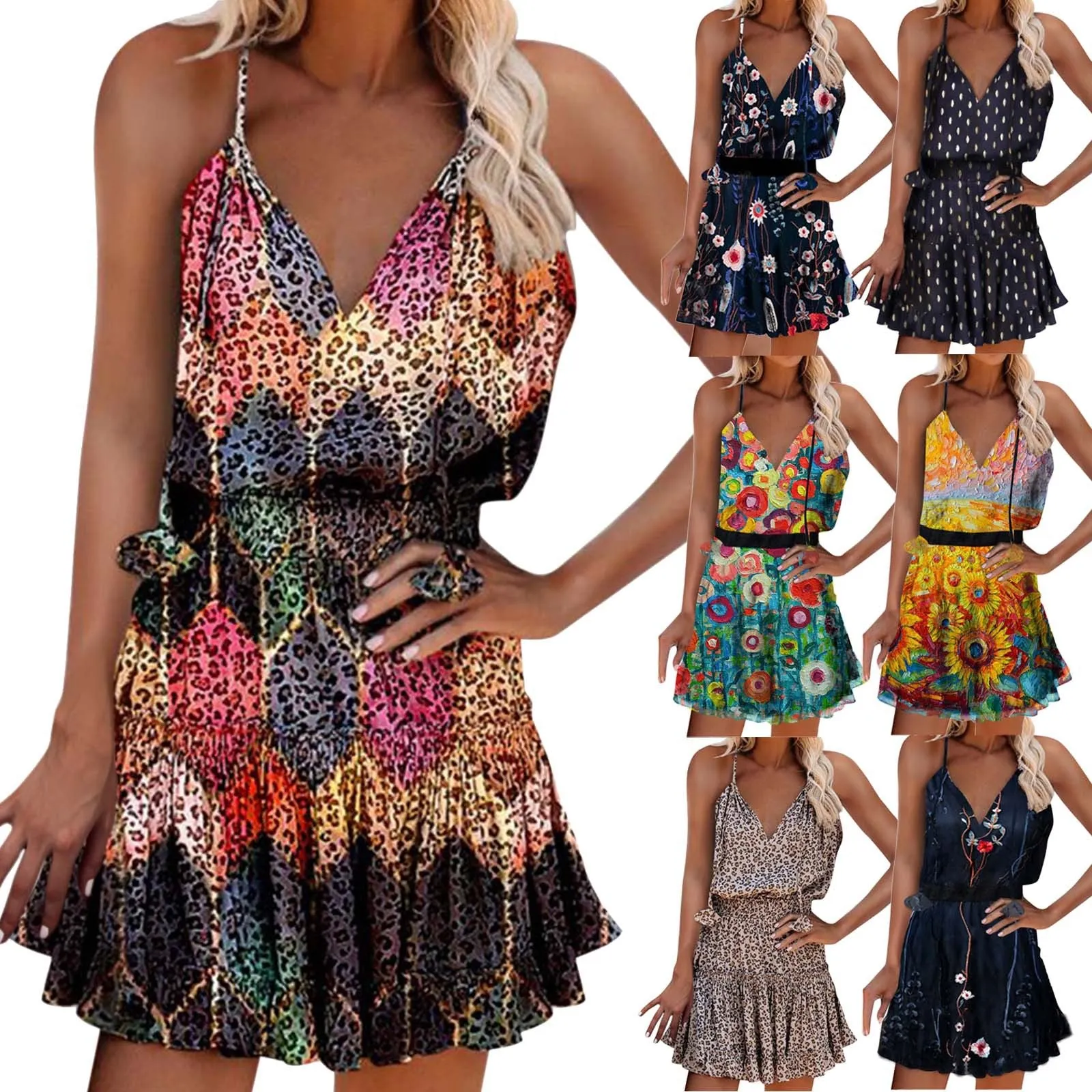 Women's Fashion Short V-Neck Pullover Print Slip Dress