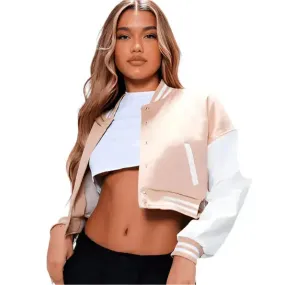 Women's Light Pink Varsity Leather Bomber Jacket – Trendy & Stylish